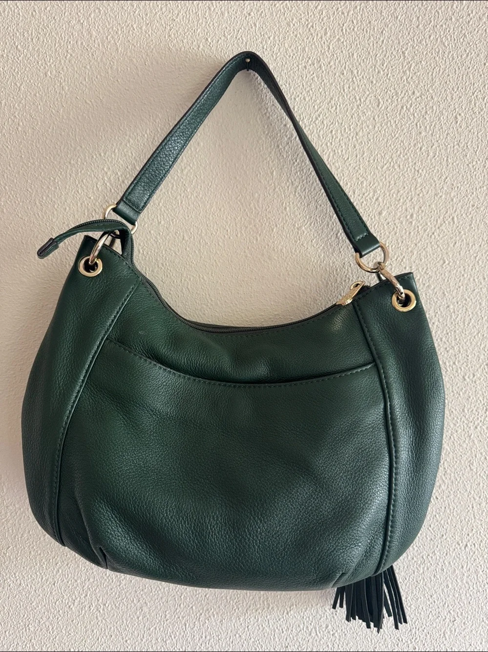 Michael Kors Dark Green Pebbled Leather Hobo with Tassel